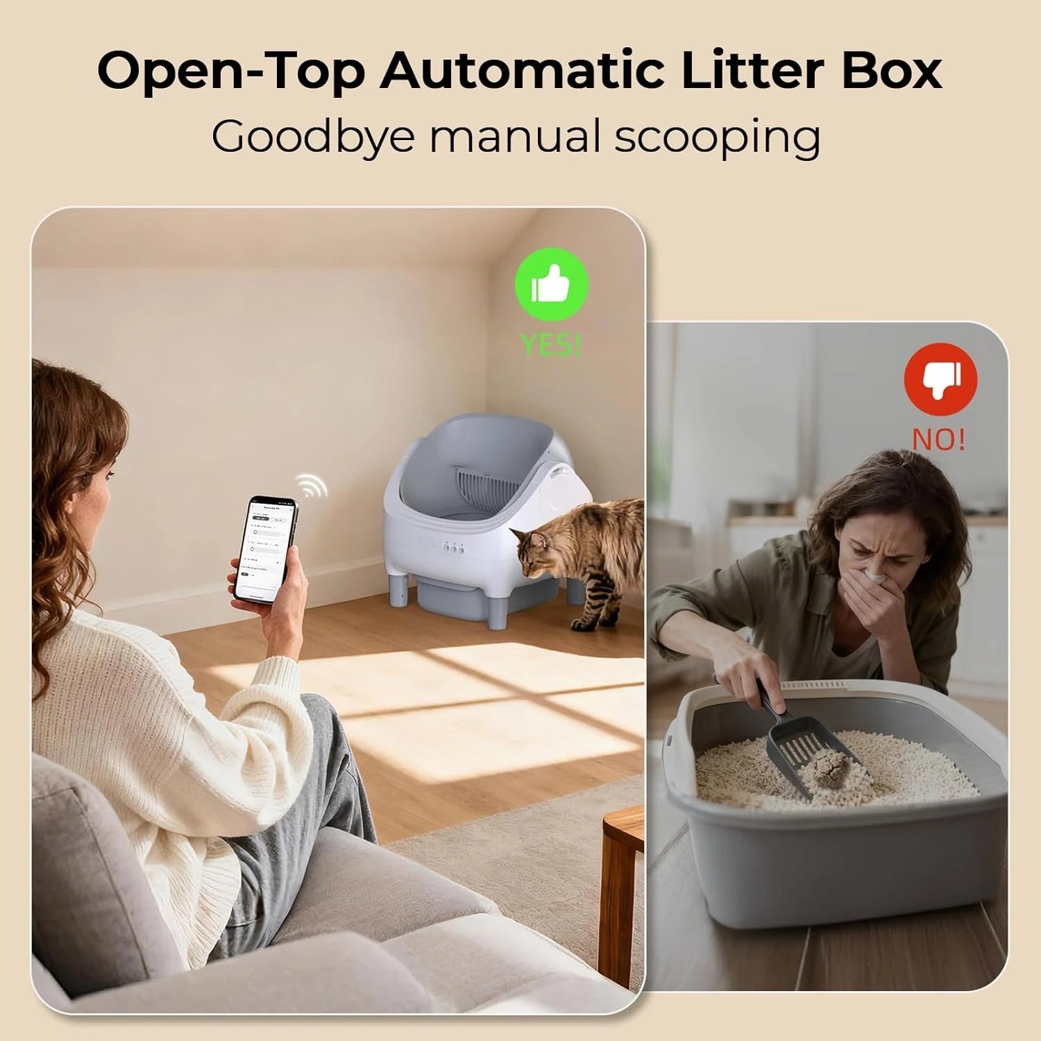 Automatic Cat Litter Box Self Cleaning, App Control, Open-Top Automatic Litter Box with Safety Sensors, Customized